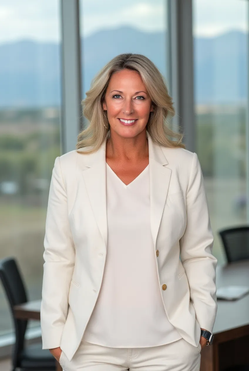 Kim Tomlinson, real estate coach, in a white blazer.