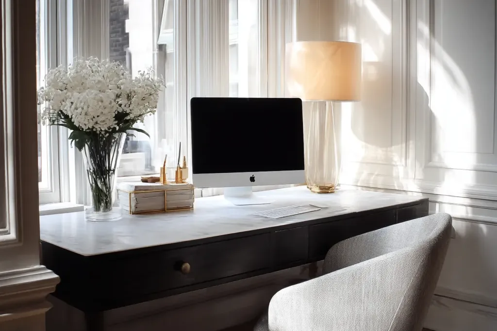 A tidy desk by a window with a notebook and pen laid out in morning light.